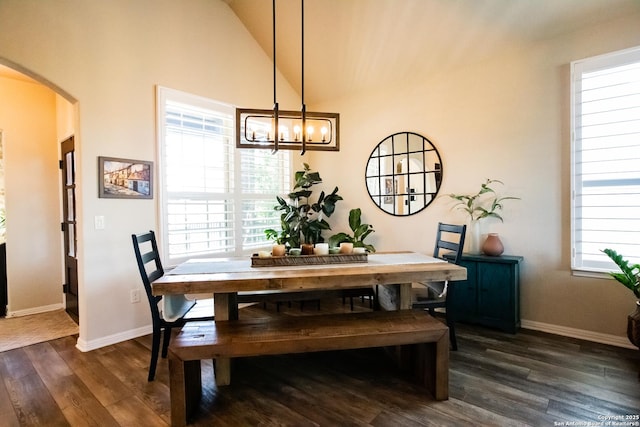 12805 Big Tank Rnch, San Antonio, TX 78245 - dining space featuring arched walkways, a chandelier, dark wood-style flooring, plenty of natural light, and vaulted ceiling