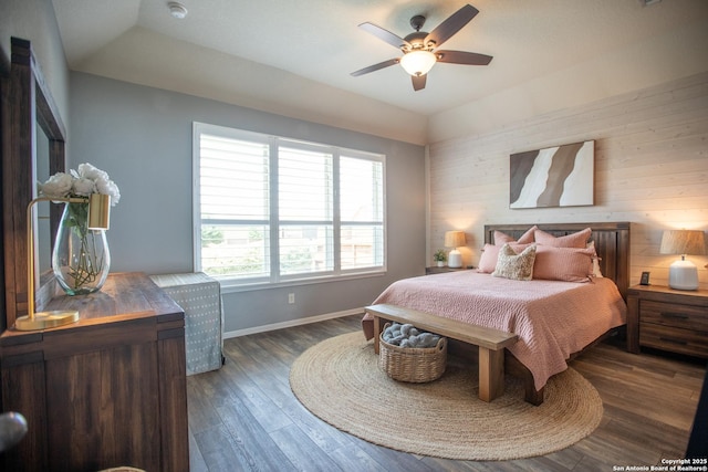 12805 Big Tank Rnch, San Antonio, TX 78245 - bedroom featuring baseboards, wood finished floors, ceiling fan, and vaulted ceiling