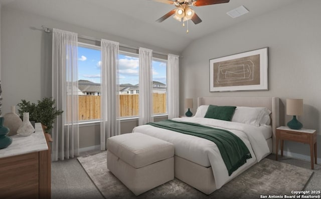 6415 Morgan Gln, San Antonio, TX 78253 - bedroom featuring carpet floors, baseboards, lofted ceiling, and ceiling fan
