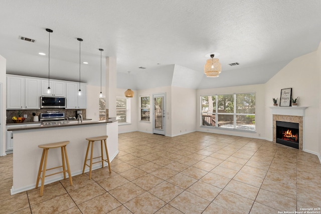 1015 Water Lily, San Antonio, TX 78260 - kitchen with appliances with stainless steel finishes, open floor plan, lofted ceiling, tasteful backsplash, and dark countertops