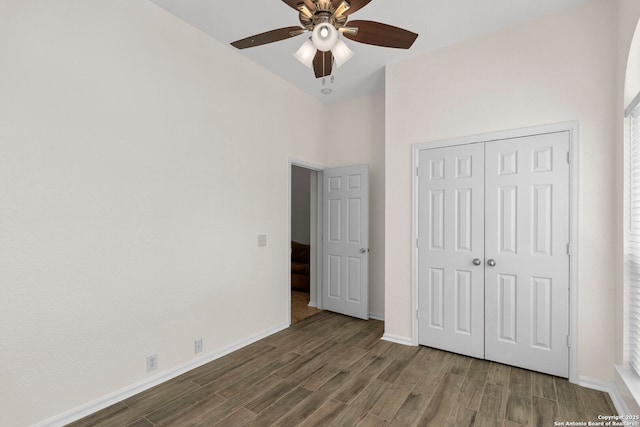 1015 Water Lily, San Antonio, TX 78260 - unfurnished bedroom featuring wood finished floors, baseboards, a closet, and a ceiling fan
