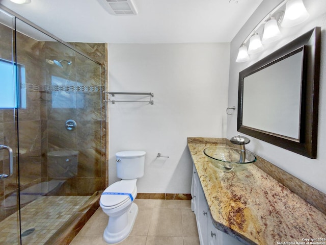 1002 Chevy Chase, San Antonio, TX 78209 - full bathroom with toilet, tile patterned flooring, baseboards, vanity, and a shower stall