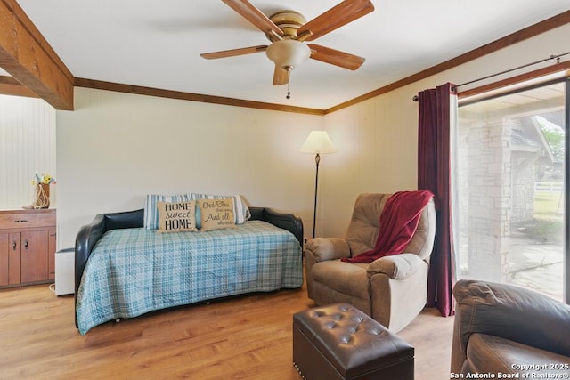 701 Steele, Smiley, TX 78159 - bedroom featuring ornamental molding, light wood finished floors, and ceiling fan