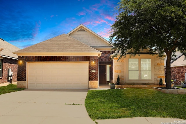 3410 Port Pl, San Antonio, TX 78253 - single story home with an attached garage, concrete driveway, a front lawn, brick siding, and roof with shingles