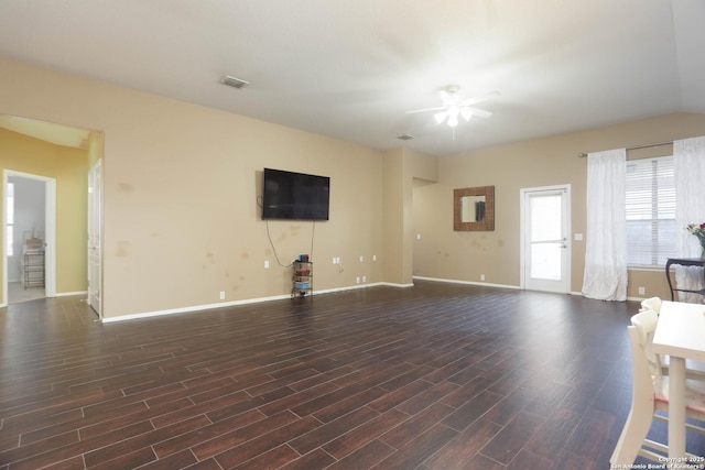 3410 Port Pl, San Antonio, TX 78253 - unfurnished living room featuring a ceiling fan, dark wood finished floors, and baseboards
