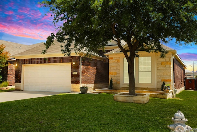 3410 Port Pl, San Antonio, TX 78253 - view of front of house with an attached garage, a front yard, driveway, stone siding, and brick siding