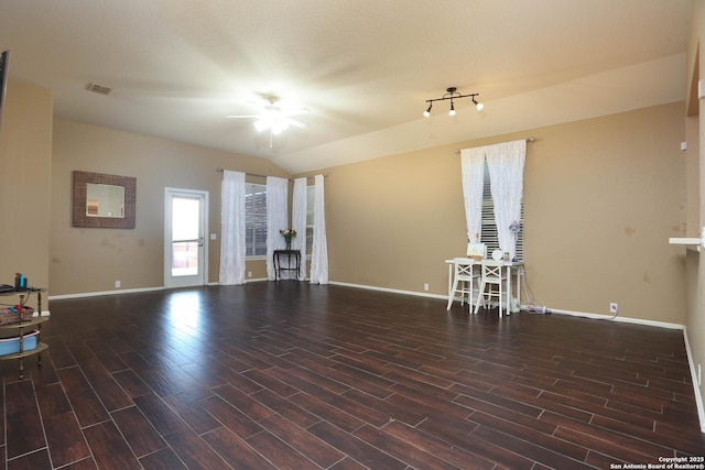 3410 Port Pl, San Antonio, TX 78253 - unfurnished living room with a ceiling fan, wood finished floors, baseboards, and lofted ceiling