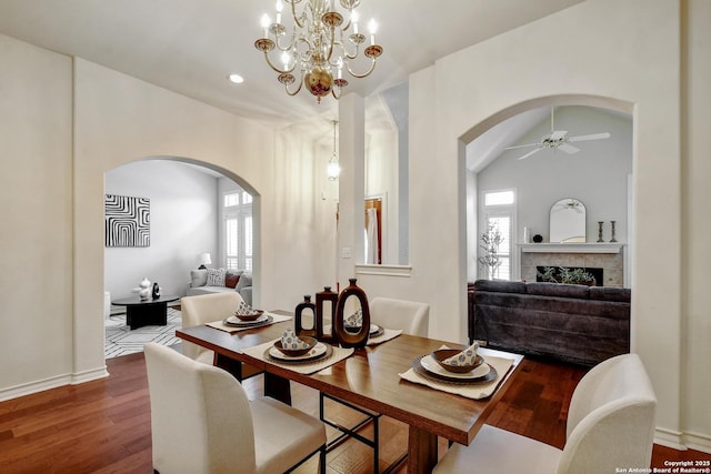 67 Oakwell Farms, San Antonio, TX 78218 - dining space featuring arched walkways, plenty of natural light, wood finished floors, ceiling fan, and recessed lighting
