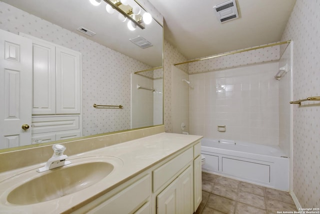 67 Oakwell Farms, San Antonio, TX 78218 - full bath featuring vanity, wallpapered walls, shower / bath combination, and toilet