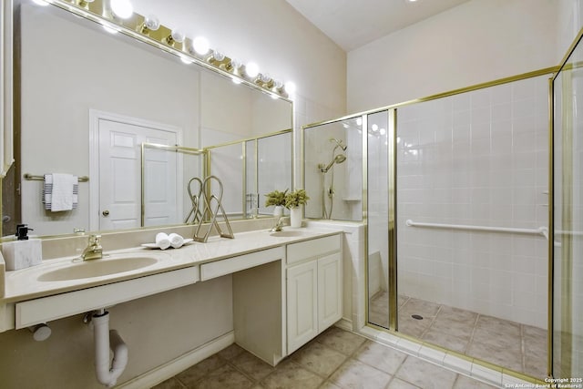 67 Oakwell Farms, San Antonio, TX 78218 - full bathroom with a shower stall, double vanity, and tile patterned floors