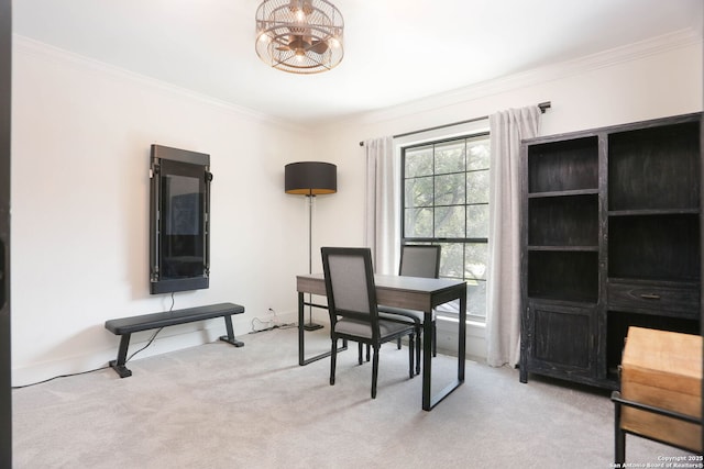 8306 Country Side, San Antonio, TX 78209 - office area featuring carpet floors, crown molding, a chandelier, and baseboards