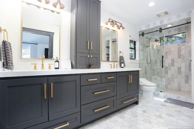 8306 Country Side, San Antonio, TX 78209 - full bath featuring double vanity, a stall shower, tile patterned floors, toilet, and recessed lighting
