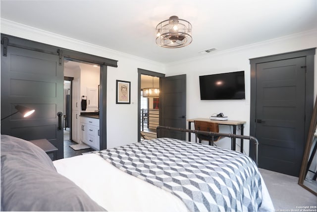8306 Country Side, San Antonio, TX 78209 - carpeted bedroom featuring a chandelier, a barn door, and crown molding