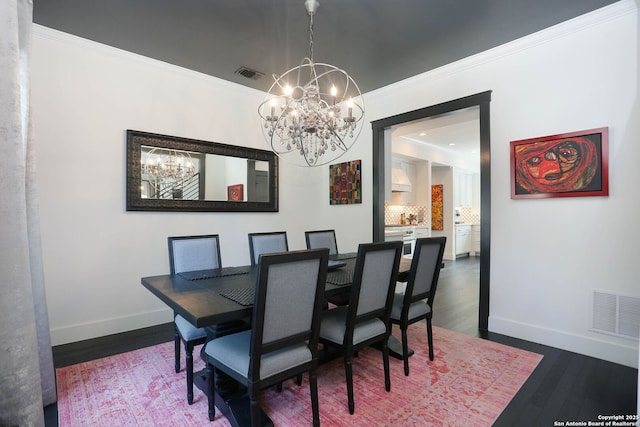 8306 Country Side, San Antonio, TX 78209 - dining space featuring a chandelier, baseboards, crown molding, and dark wood-style flooring