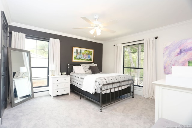 8306 Country Side, San Antonio, TX 78209 - bedroom featuring ornamental molding, light carpet, and a ceiling fan