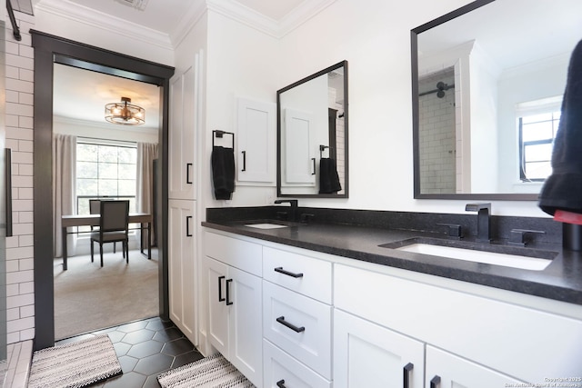 8306 Country Side, San Antonio, TX 78209 - full bath with double vanity, ornamental molding, a shower, and tile patterned floors