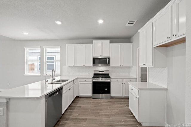 12942 Irvin Path, San Antonio, TX 78254 - kitchen featuring appliances with stainless steel finishes, a sink, tasteful backsplash, a peninsula, and wood finish floors