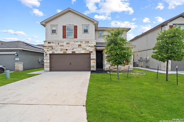 12942 Irvin Path, San Antonio, TX 78254 - view of front of house with stone siding, driveway, a front lawn, and a garage
