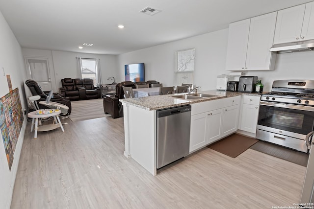4284 Thalweg Way, San Antonio, TX 78223 - kitchen featuring appliances with stainless steel finishes, a sink, under cabinet range hood, light wood-style floors, and a peninsula
