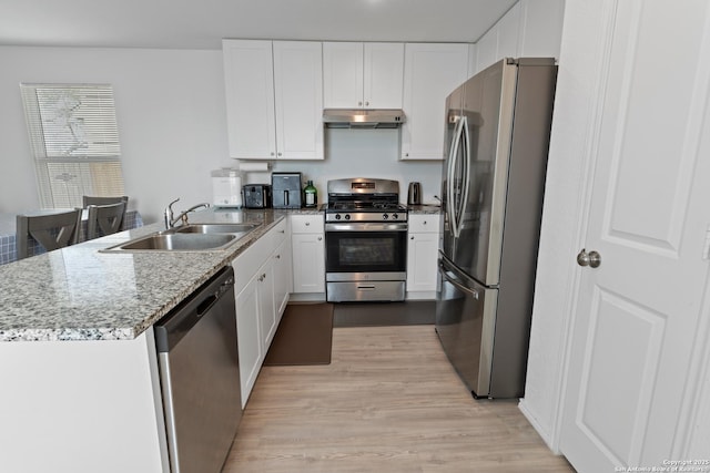 4284 Thalweg Way, San Antonio, TX 78223 - kitchen featuring stainless steel appliances, under cabinet range hood, a sink, a peninsula, and light wood-style floors
