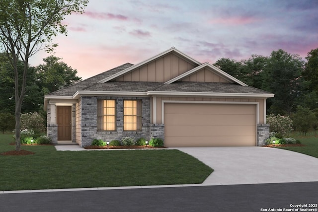 6228 Persimmon Lk, San Antonio, TX 78254 - craftsman house featuring board and batten siding, stone siding, driveway, a garage, and a front yard