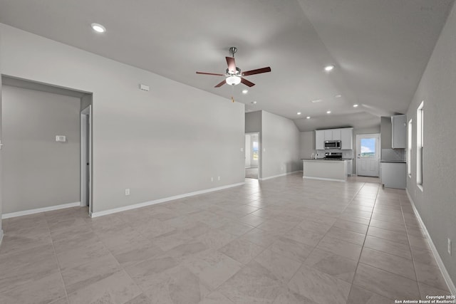 6228 Persimmon Lk, San Antonio, TX 78254 - unfurnished living room with lofted ceiling, ceiling fan, light tile patterned flooring, recessed lighting, and baseboards