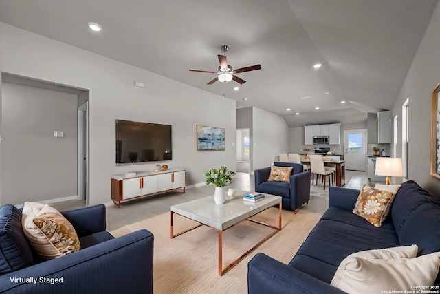 6228 Persimmon Lk, San Antonio, TX 78254 - living room featuring vaulted ceiling, a ceiling fan, baseboards, and recessed lighting