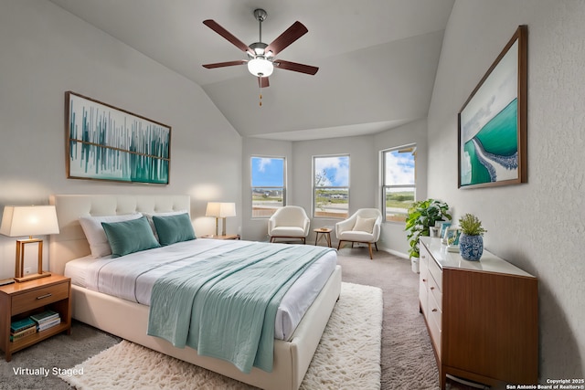 6228 Persimmon Lk, San Antonio, TX 78254 - bedroom featuring carpet, lofted ceiling, multiple windows, baseboards, and a ceiling fan