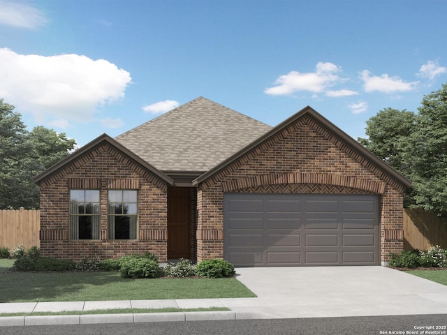 25751 Rosey Way, Boerne, TX 78006 - view of front of property featuring brick siding, an attached garage, driveway, and roof with shingles
