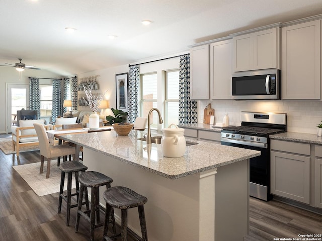 25751 Rosey Way, Boerne, TX 78006 - kitchen with stainless steel appliances, gray cabinets, and healthy amount of natural light