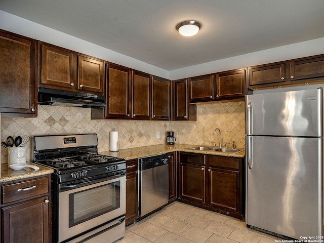 126 Arnold, San Antonio, TX 78213 - kitchen with appliances with stainless steel finishes, under cabinet range hood, a sink, dark brown cabinetry, and light tile patterned floors