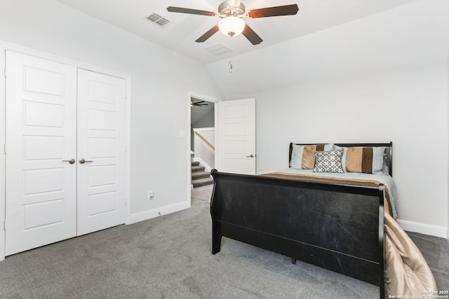 24342 Mateo Rdg, San Antonio, TX 78261 - bedroom featuring lofted ceiling, carpet flooring, a closet, baseboards, and ceiling fan