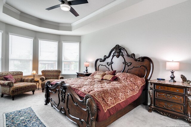 7604 Pecos Rdg, Boerne, TX 78015 - bedroom featuring ornamental molding, light colored carpet, a raised ceiling, and ceiling fan