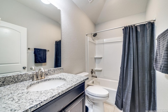 7604 Pecos Rdg, Boerne, TX 78015 - bathroom featuring vanity, toilet, shower / tub combo, and tile patterned floors