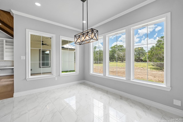 3828 Palomino Spgs, Bandera, TX 78003 - unfurnished dining area with baseboards, a chandelier, marble finish floors, crown molding, and recessed lighting