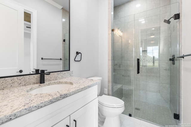 3828 Palomino Spgs, Bandera, TX 78003 - full bath with vanity, a shower stall, toilet, and marble look tile flooring