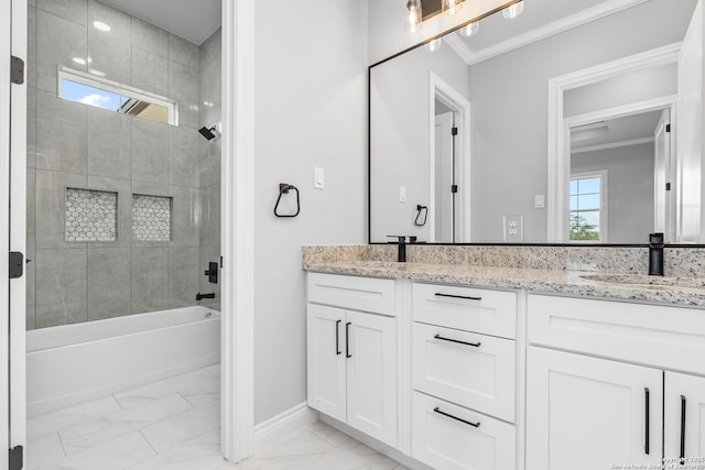 3828 Palomino Spgs, Bandera, TX 78003 - full bath with marble look tile flooring, double vanity, baseboards,  shower combination, and ornamental molding