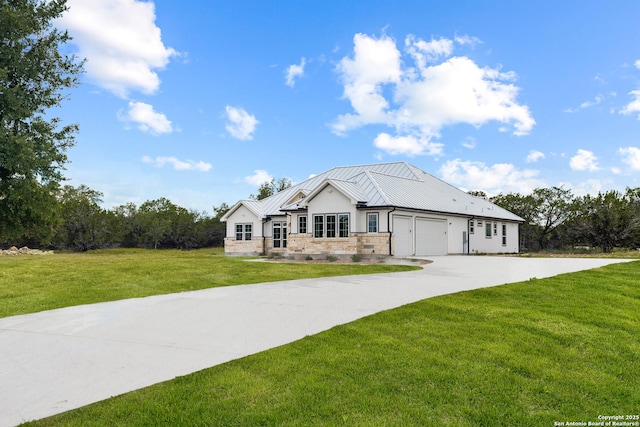 3828 Palomino Spgs, Bandera, TX 78003 - modern farmhouse with a front yard, a standing seam roof, driveway, metal roof, and a garage