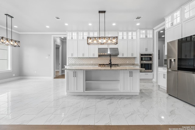 3828 Palomino Spgs, Bandera, TX 78003 - kitchen featuring light marble finish flooring, stainless steel appliances, decorative backsplash, white cabinetry, and recessed lighting