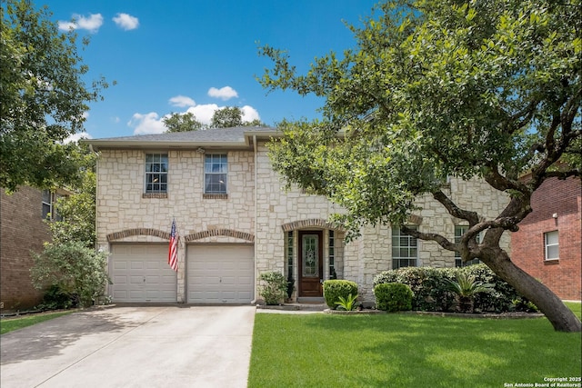 830 Emerald Bay, San Antonio, TX 78260 - view of front of house featuring stone siding, concrete driveway, a front yard, a garage, and a shingled roof