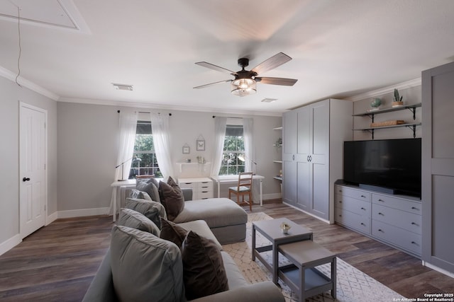 830 Emerald Bay, San Antonio, TX 78260 - living area featuring crown molding, ceiling fan, wood finished floors, and baseboards