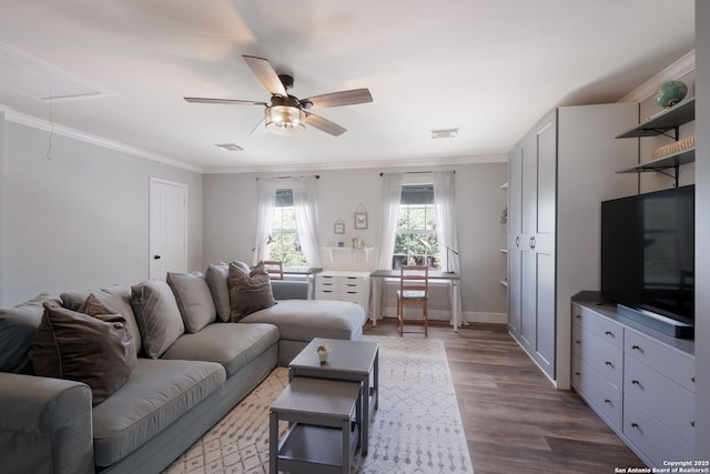 830 Emerald Bay, San Antonio, TX 78260 - living area featuring attic access, dark wood-type flooring, a ceiling fan, crown molding, and baseboards