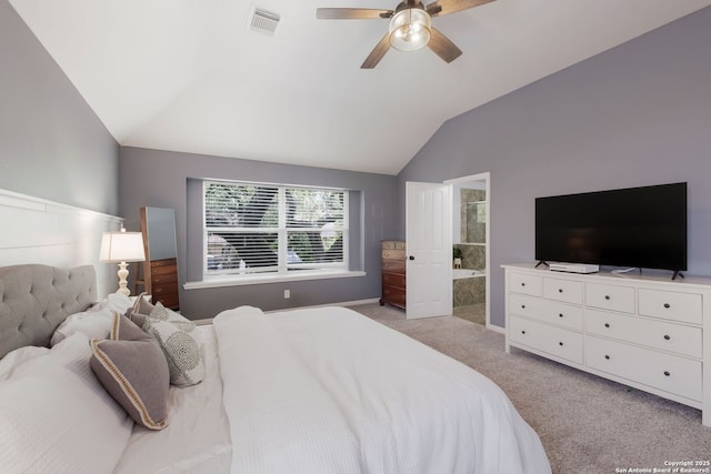 830 Emerald Bay, San Antonio, TX 78260 - bedroom featuring carpet, vaulted ceiling, connected bathroom, a ceiling fan, and baseboards