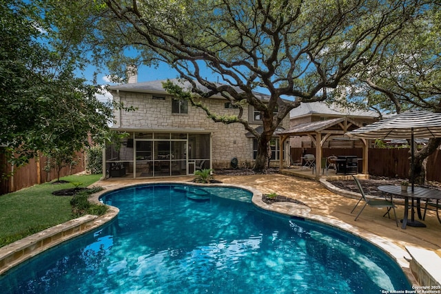830 Emerald Bay, San Antonio, TX 78260 - view of swimming pool with a gazebo, a sunroom, a patio, and outdoor dining area