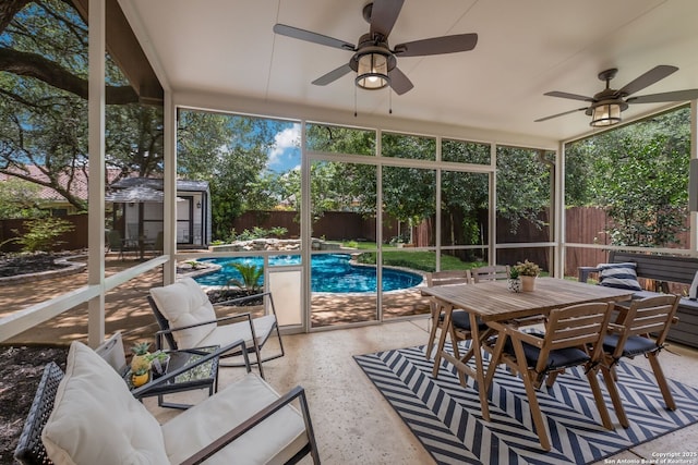 830 Emerald Bay, San Antonio, TX 78260 - sunroom featuring a ceiling fan and outdoor lounge area