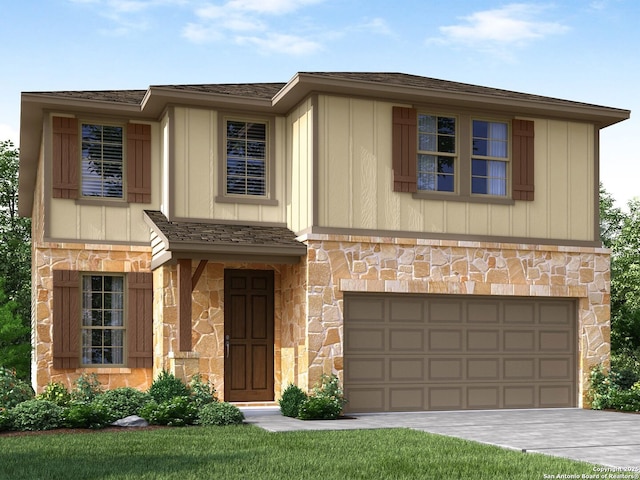 29527 Clanton Pass, San Antonio, TX 78260 - view of front of home featuring stone siding, a garage, and driveway