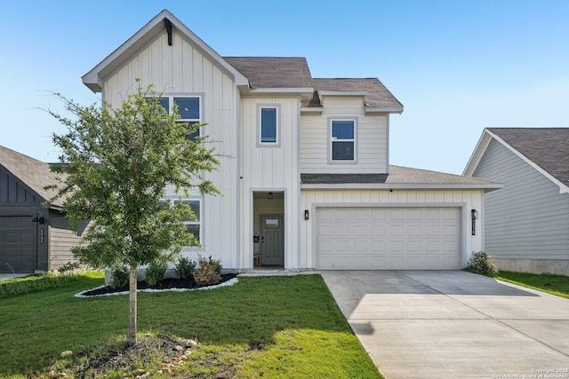 4538 Nueces, San Antonio, TX 78253 - modern farmhouse style home with board and batten siding, concrete driveway, a front yard, and roof with shingles