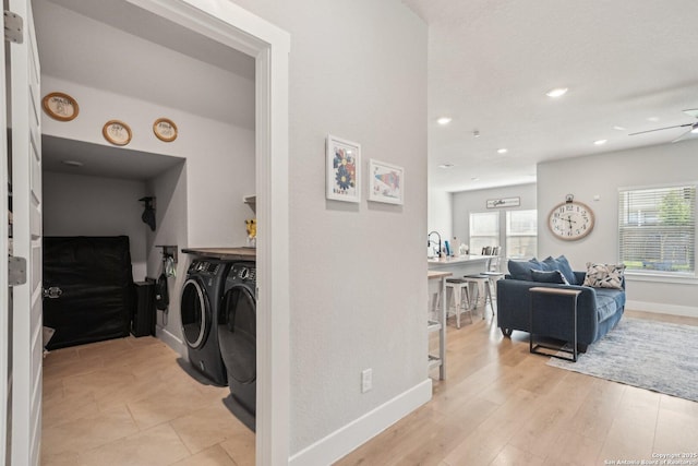 4538 Nueces, San Antonio, TX 78253 - laundry area featuring washing machine and dryer, ceiling fan, baseboards, and recessed lighting