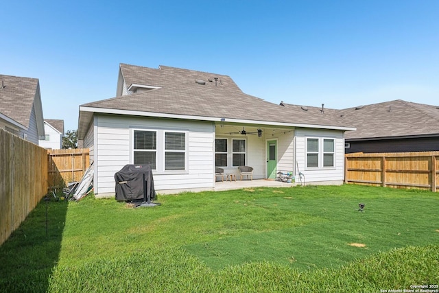 4538 Nueces, San Antonio, TX 78253 - back of property with ceiling fan, a patio area, and roof with shingles