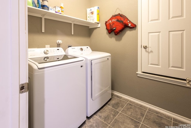 7566 Copper Kettle, Converse, TX 78109 - laundry room with washing machine and dryer, dark tile patterned flooring, and baseboards